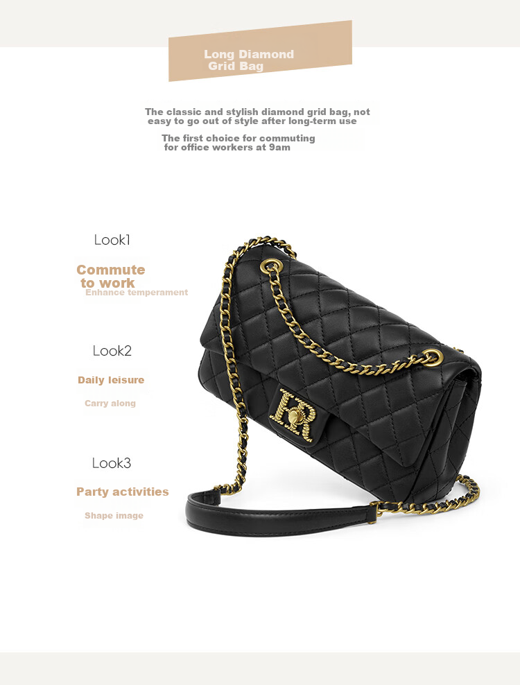 HR Handbag, Women's Small Square Bag, Diamond Pattern Chain Bag, Top-Grain Leather Shoulder Crossbody Bag for Women, Birthday Gift for Girls 3