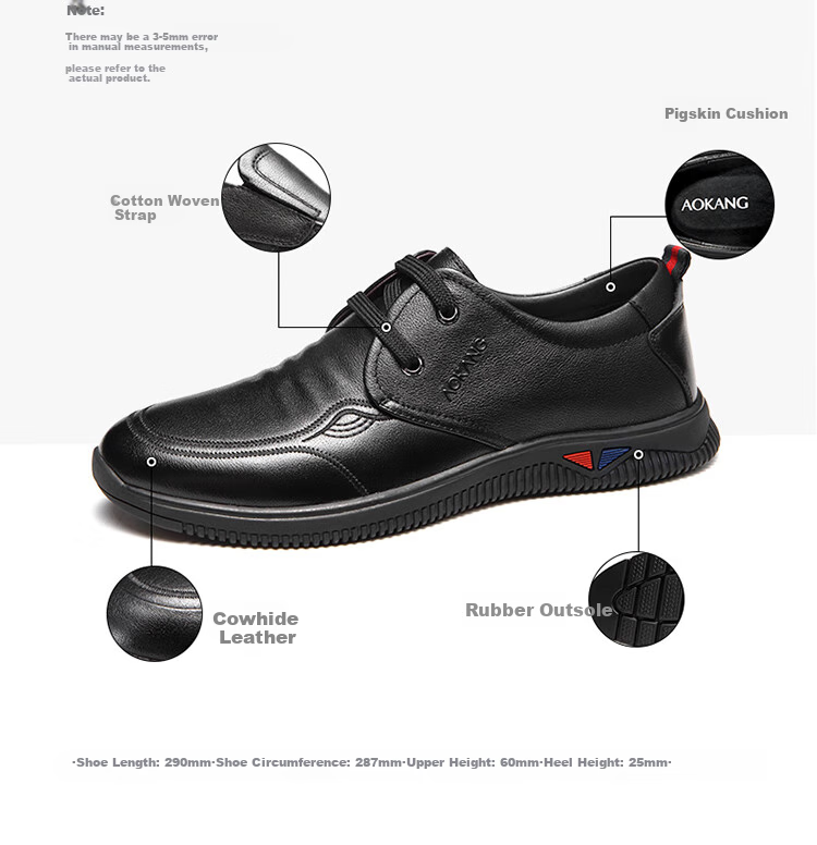 Aokang Casual Leather Shoes, Lace-Up Comfortable Soft-Soled Versatile Driving Loafers, Black, Size 39 3