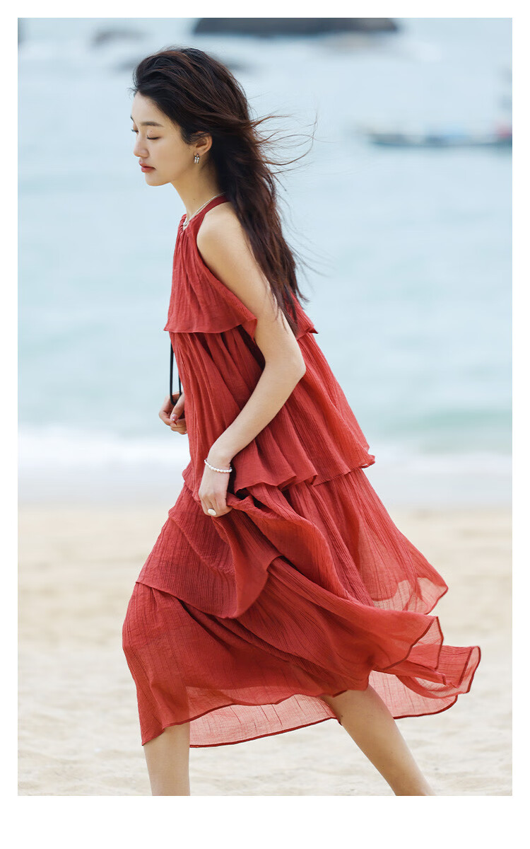 Dme [Heavy Workmanship Layered Spaghetti Strap Dress], Summer Vacation Style, Retro Brick Red, Elegant Cake Skirt 3