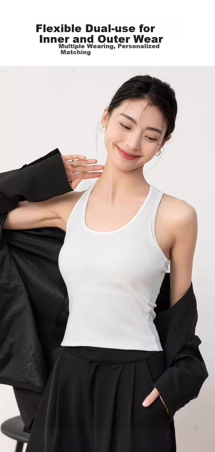 LangSha Women's Tank Top, Summer Camisole for Outer Wear, Wide Shoulder, Slimming, Fitted, Workwear, Plus Size, Inner Wear, Sleeveless Undershirt, Black And White 5