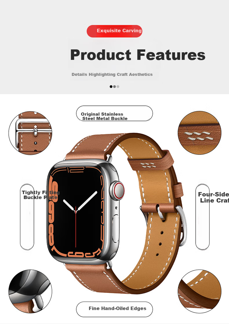 BHO Compatible Apple Watch Band, Suitable for Apple Watch S12/S11 Hermès Leather Strap, IWatch S10/9/8/7/6/Ultra4/SE3/2 Genuine Leather Strap 3