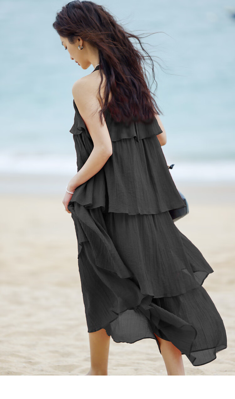 Dme [Heavy Workmanship Layered Spaghetti Strap Dress], Summer Vacation Style, Retro Brick Red, Elegant Cake Skirt 32
