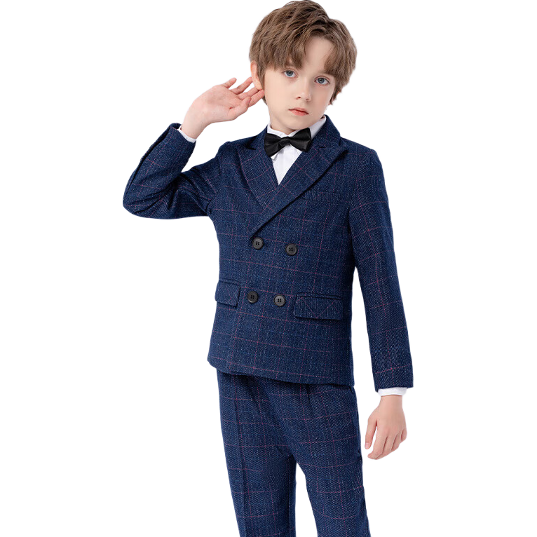 LUOBOBEIBEI Children's Suit Plaid Boys Formal Wear Set for Piano Performance, Host, And New Year Greetings, Navy Blue Five-Piece Set, Size 120