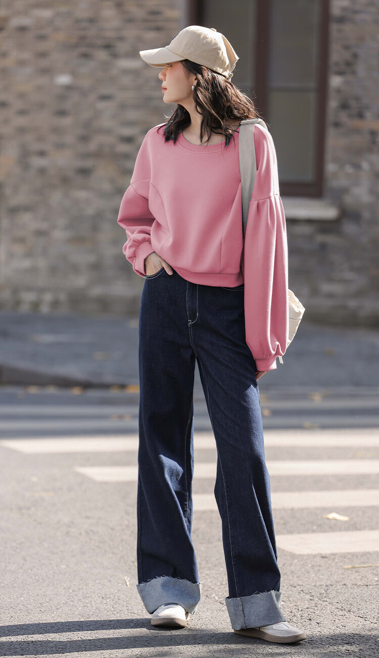 Dme [Raspberry Pink Short Puff Sleeve] Autumn Round Neck Drop Shoulder Puff Sleeve Plus Size Split Design Sweatshirt 3