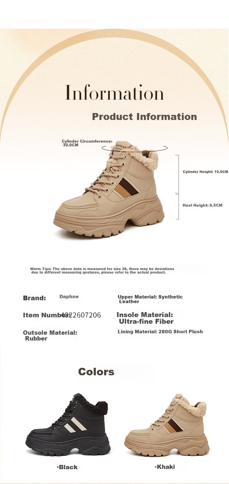 DAPHNE Snow Boots for Women, Thick-Soled Northeast Cotton Shoes, Fleece-Lined Warm Casual Slimming High-Top Dad Sneakers Women's Shoes, Khaki Color, Size 35 2