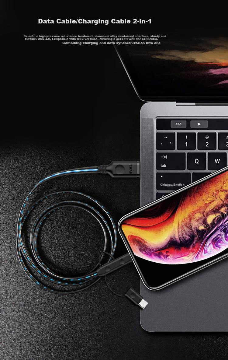 ESCASE Three-In Charger Cable for Apple Phones, Compatible with IPad 12.9-Inch Type-C, Android, Huawei, Multifunctional Flowing Light C28 Blue 3