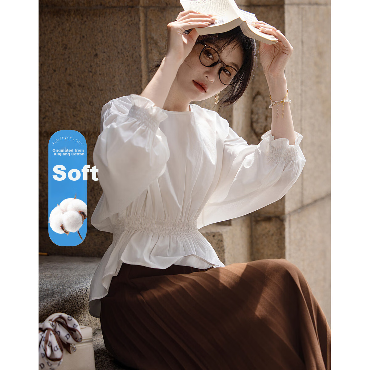 Dme [Will Breathe Cotton] Spring And Autumn French-Style Loose Round Neck Slim-Fit Drop Shoulder Concealing Shirt Women's Top