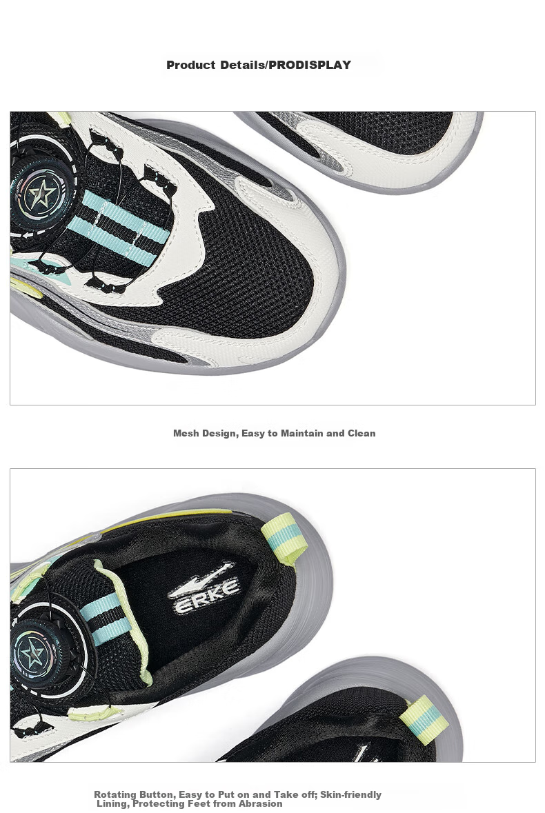 ERKE Children's Shoes, Boys And Girls Casual Shoes, Kids' Rotary Buckle Sneakers, Spring 2025 New Arrival, Black/brilliant Silver, Size 28 24