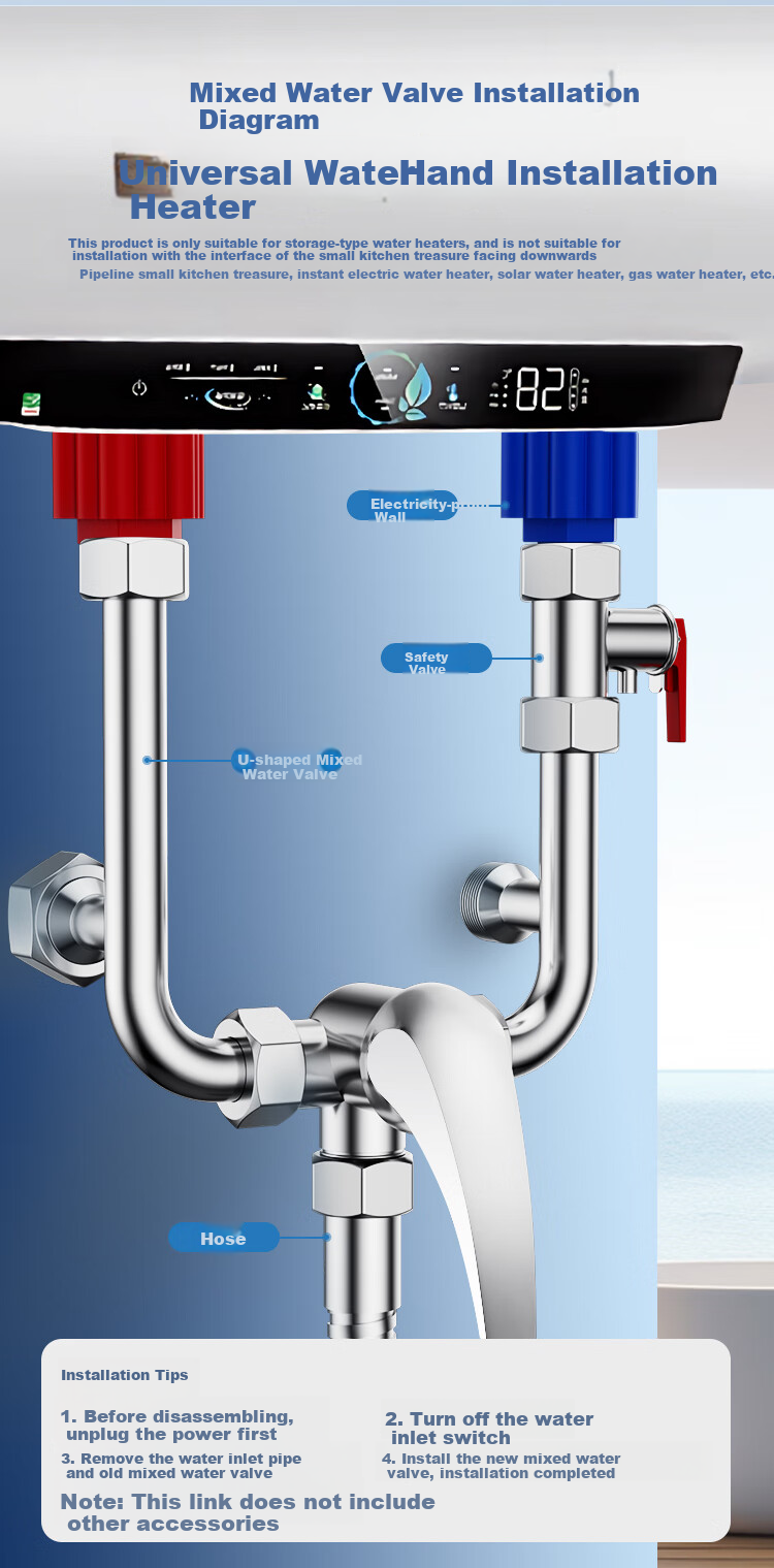 MEJUE Electric Water Heater Mixing Valve, Surface-Mounted Shower Faucet U-Shaped Shower Head Bathing Switch, Copper Body Z-013192 5