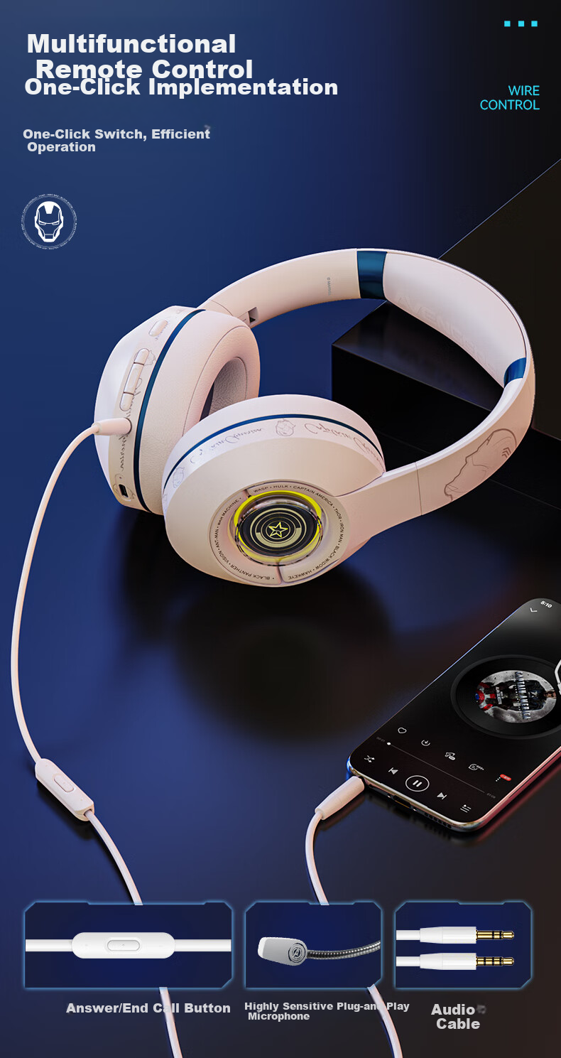 Disney Marvel Officially Licensed Wireless Bluetooth Headphones, Over-Ear ANC Active Noise Cancellation Gaming Headset with Long Battery Life, Cool Light Effects MR18 White Captain America 7