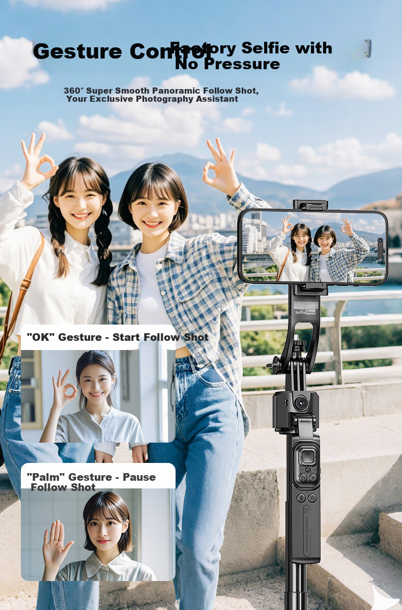SelfieShow C17 Upgraded Version [TT07], Live Streaming Face Tracking Selfie Stick, New AI Integrated Gimbal Phone Mount, Four-Axis Anti-Shake, 360-Degree, Compatible with DJI Pocket 3 8