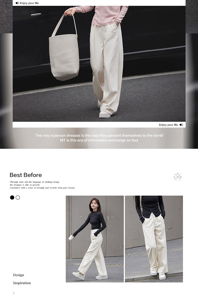 Mt [Solid Color Simple Style] Spring And Autumn Minimalist High-Waisted Versatile Wide Straight-Leg Jeans Trousers, Off-White, M 2