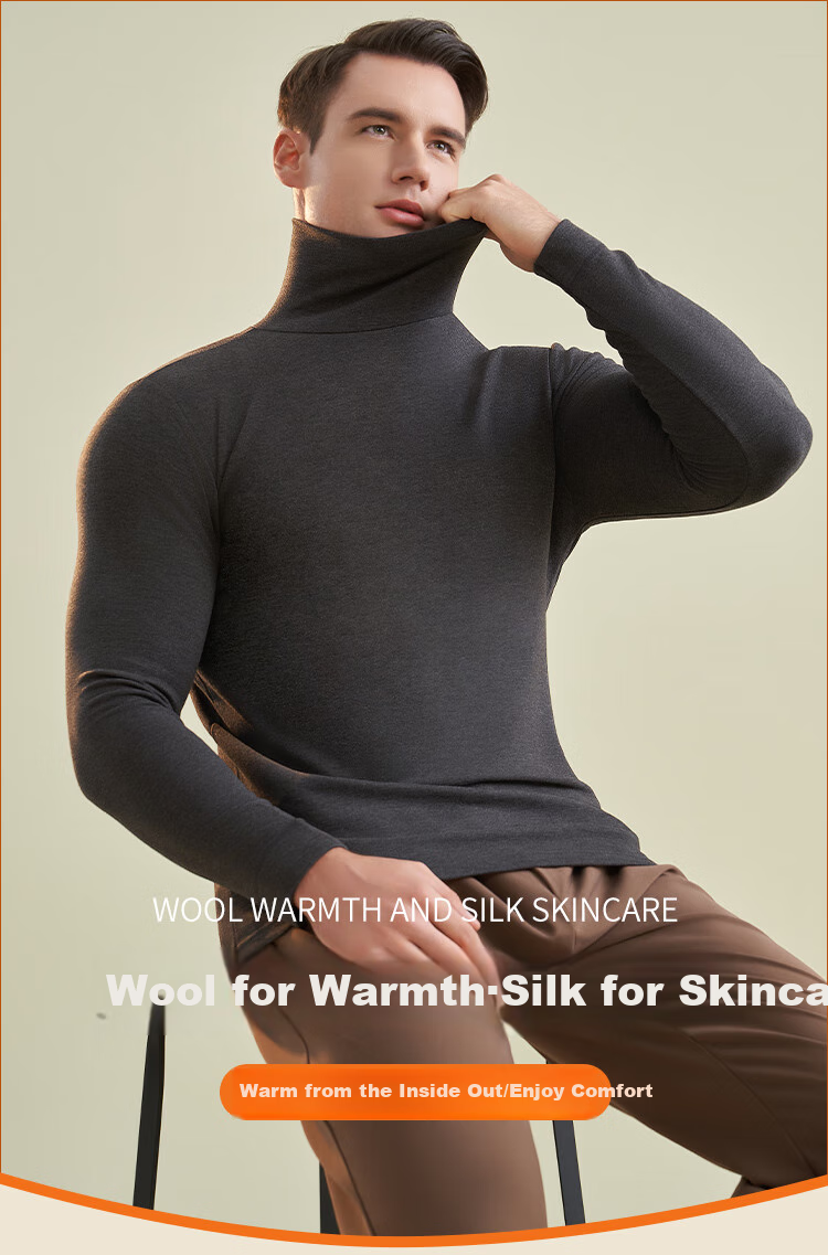 GUJIN Men's Thermal High-Neck Seamless Fleece Lined Silk Wool Base Layer Shirt Outerwear Trendy 1