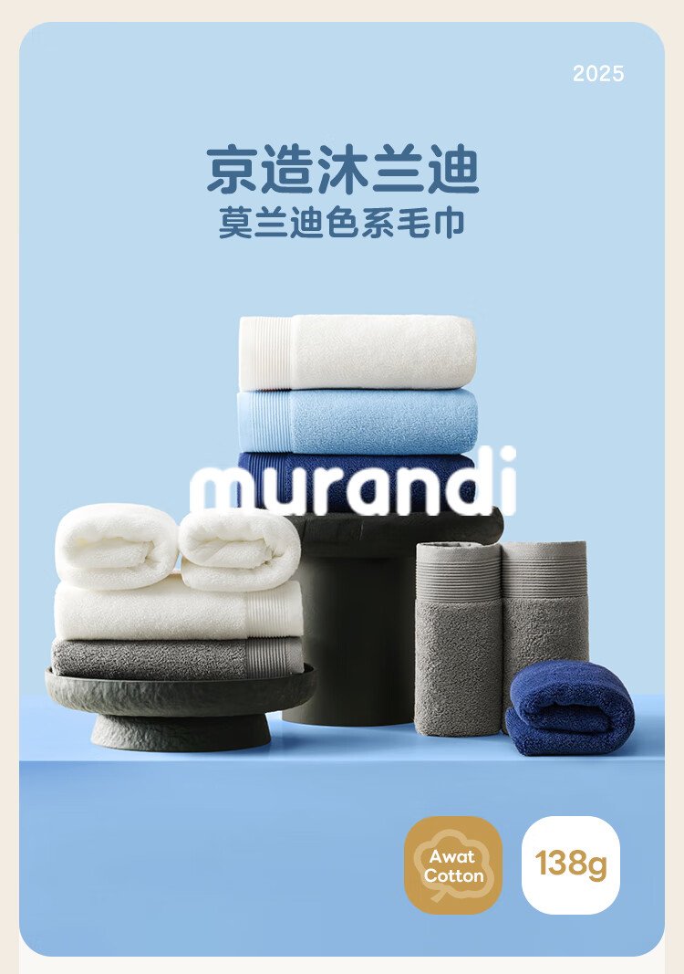 JD Original 138g Thickened Muliandai Towel, 10A Antibacterial And Anti-Mite, Pure Cotton Men's Face Towel, 2 Pieces, Blue + Gray 20