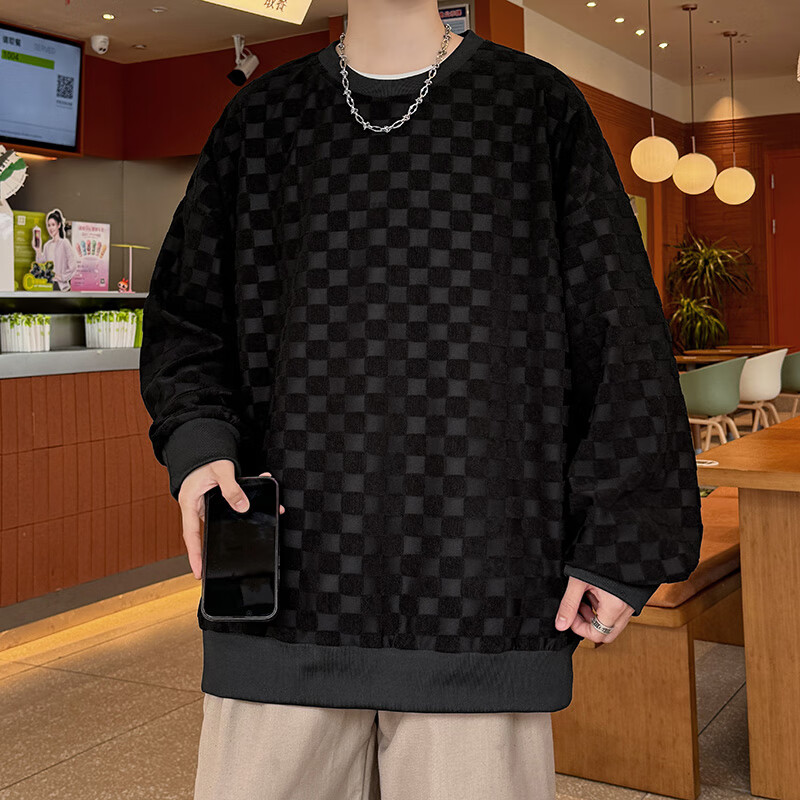 Dingfengbaoluo Japanese-Style Plaid Crew Neck Sweatshirt for Men, Spring Loose-Fitting High-End Casual Base Layer Top DFL77 Black XL