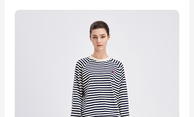 Navigare Women's All-Cotton Loose Long-Sleeve Sweatshirt, Striped Round Neck T-Shirt, 2315005501 14