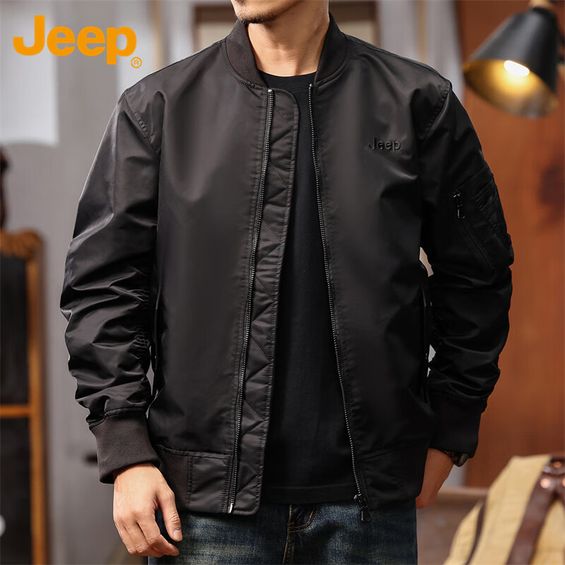 JEEP Men's Jacket, Pilot Style Windbreaker, Spring And Autumn Workwear Baseball Collar Outerwear, Black, XL