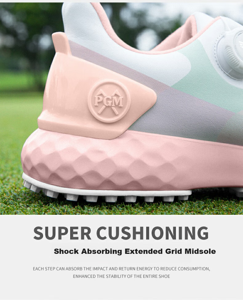 PGM Women's Waterproof Golf Shoes with Rotary Laces, Non-Slip Sneakers, Golf Cleats, White And Pink, Size 38 13