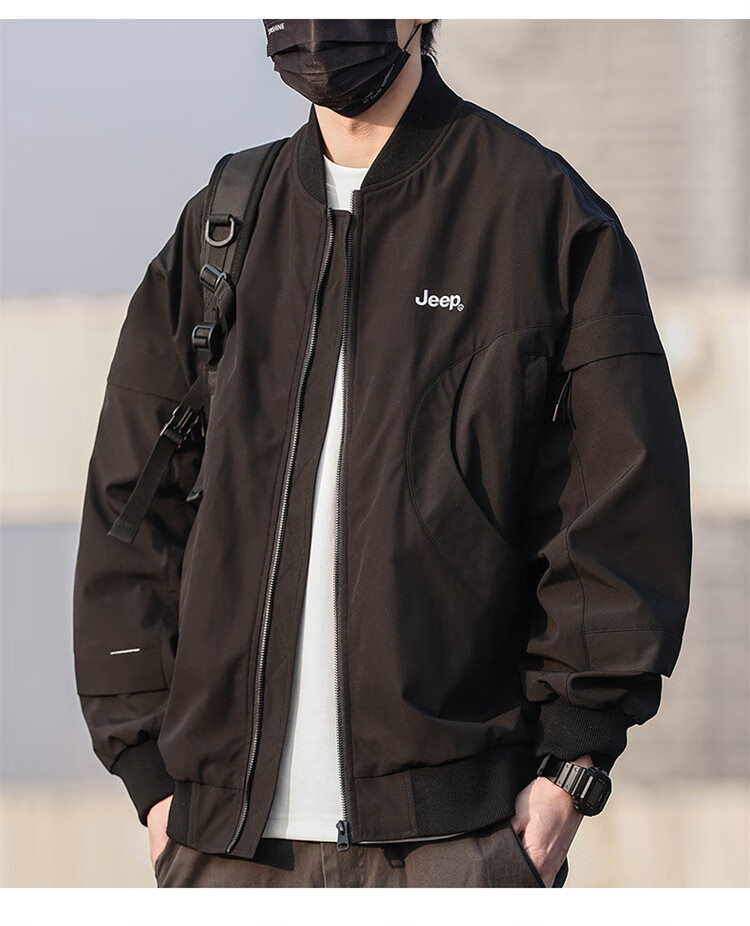 JEEP Men's Autumn Winter Trendy Baseball Jacket Casual Loose Workwear Black 4XL 4
