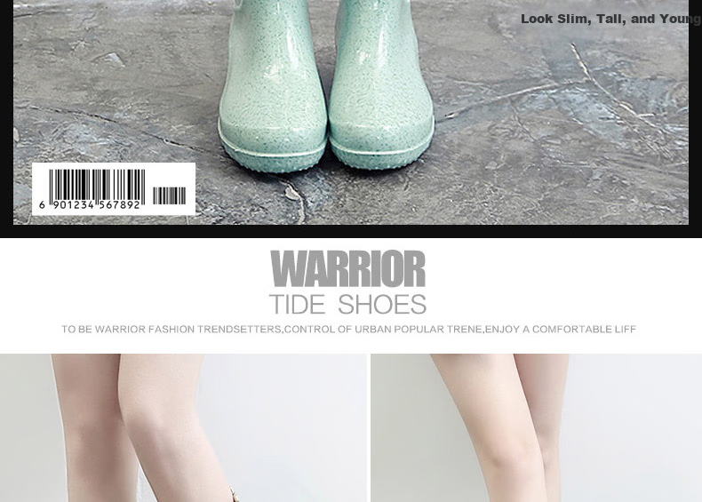 Warrior Women's Fashionable Adult Rain Boots, Waterproof Shoes, Rubber Shoes, Overshoes, Water Boots HXL63-B, Shibanjia High-Top, Size 38 8