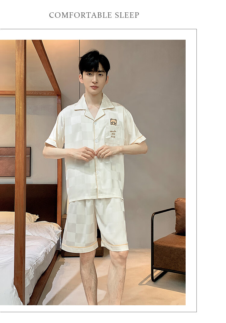 Zaishuo Men's Summer Pajamas, Ice Silk Cool-Feeling Short-Sleeve Shorts Two-Piece Set, Simple And Comfortable, Suitable for Outdoor Wear, Men's Home Loungewear Set 7