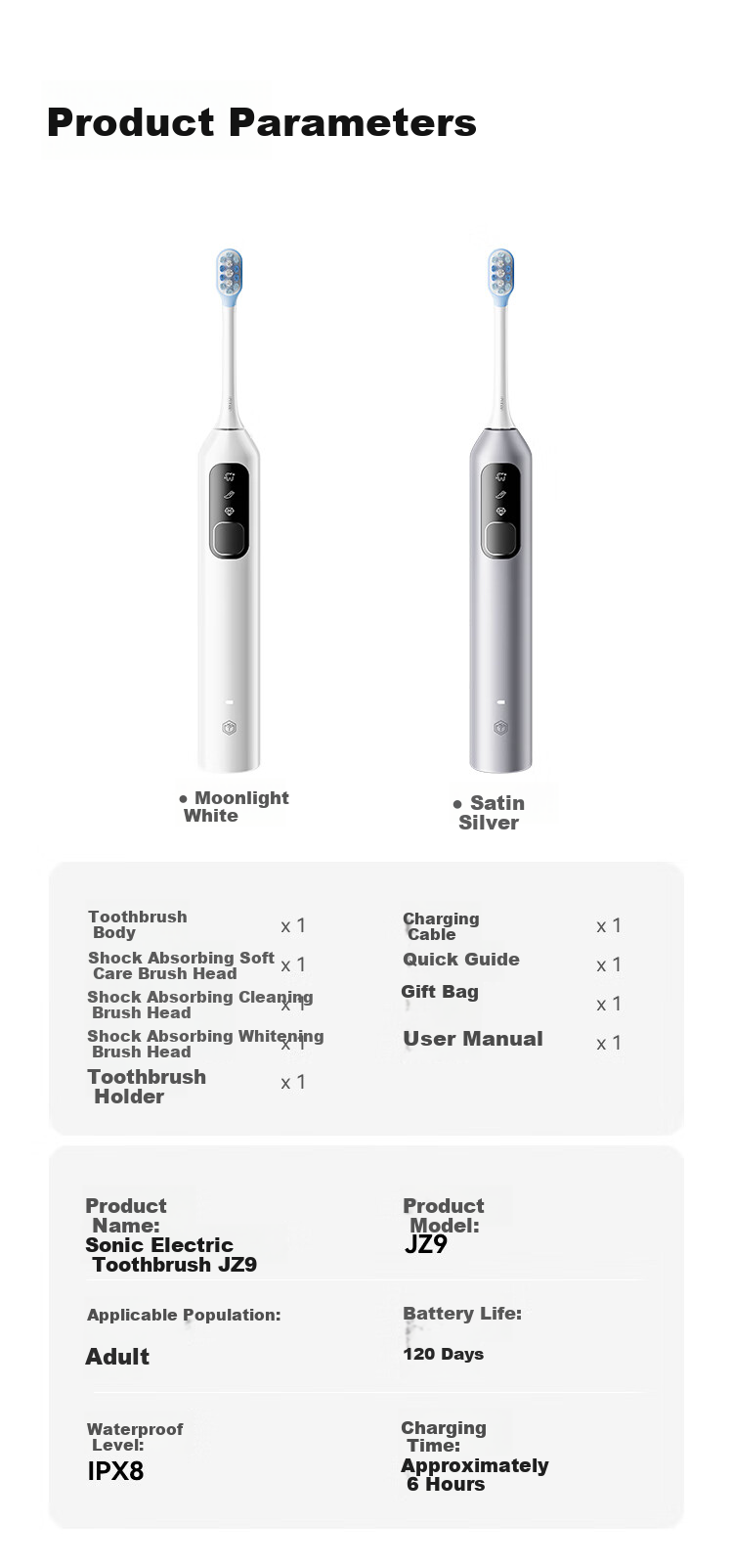 JD Original [Mid-Autumn Festival Gift] Servo Vibration JZ9 Satin Silver Electric Toothbrush, 60° Wide Swing Range, 120-Day Long Battery Life, Gum Protection, Sensitive Teeth Care, Deep Cleaning, Sonic Teeth Whitening, Birthday Gift 5