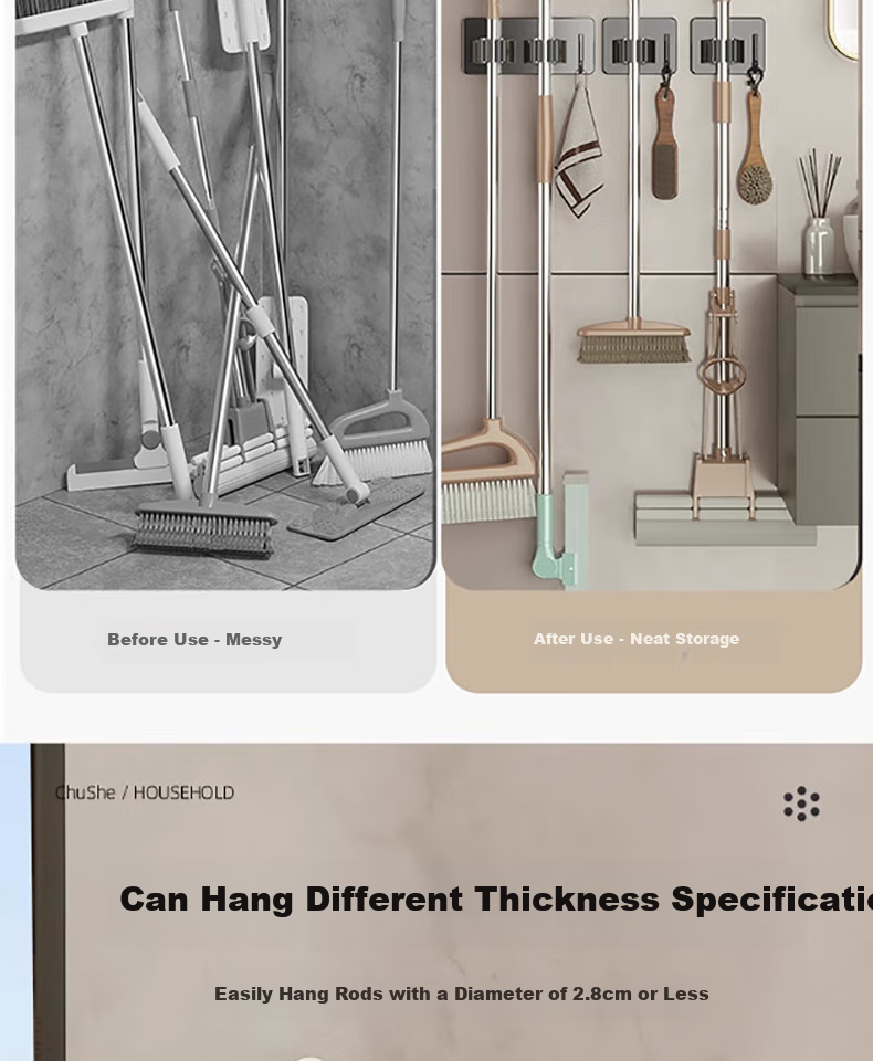 CHUSHE Mop Hooks, 2 Clips for Sweeping Brooms And Mop Storage, No Drilling Required, Wall-Mounted Organizer Rack for Bathroom And Kitche 4
