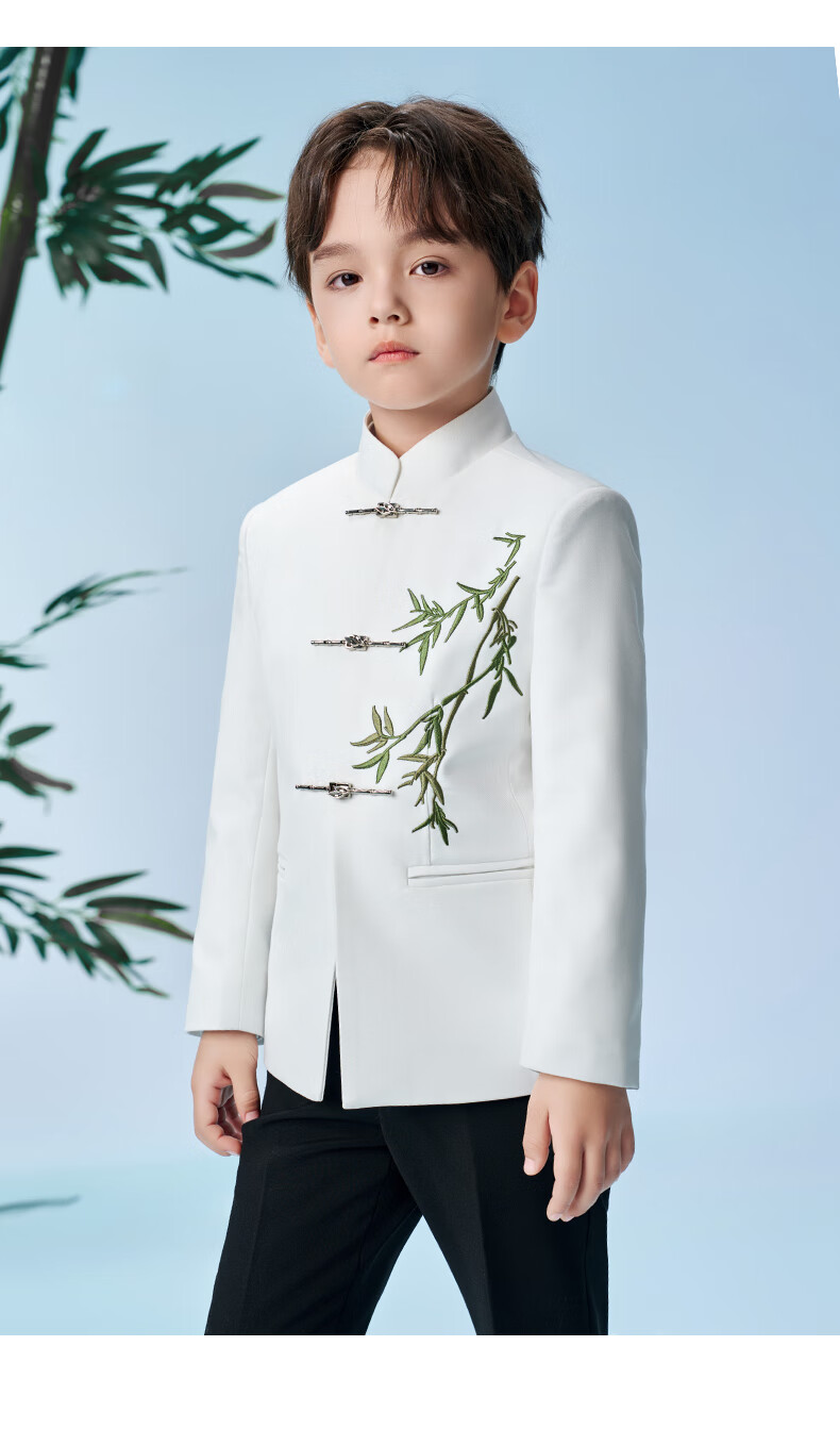 Romon Boys' Zhongshan Suit New Chinese Style Children's Performance Tang Suit Boys' Chinese Style Suit Set White 160 23