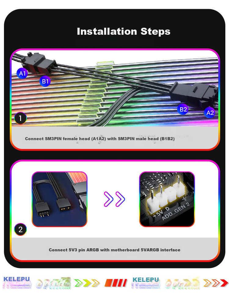KELEPU Motherboard 24Pin Power Cable, Supports 500-800W, Dual Light Board Neon Cable, Illumination Wire, Neon Wire, 24P Male-Female Extension Cable, 245mm 10
