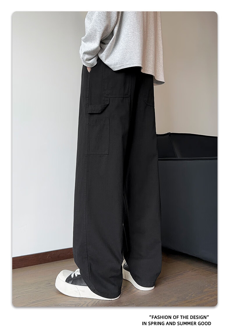 CLOR Japanese-Style Cargo Pants for Men, Spring And Summer Loose-Fit Pure Cotton Vintage Logging Straight-Leg Casual Trousers, CL55 Black XL 3