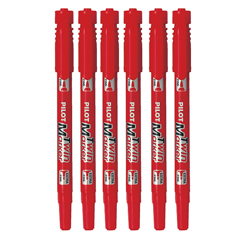 PILOT SCA-TM Dual-Tip Permanent Marker Pen for Art, Elementary School Students' Markers, Line Drawing, Outline Tracing Pen, Stationery Office Supplies, Red, 6 Pieces