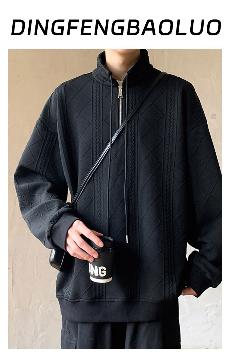 Dingfengbaoluo Jacquard Heavyweight Sweatshirt for Men, Autumn And Winter Half-Zip Turtleneck Warm Base Layer GC01 Black L 1