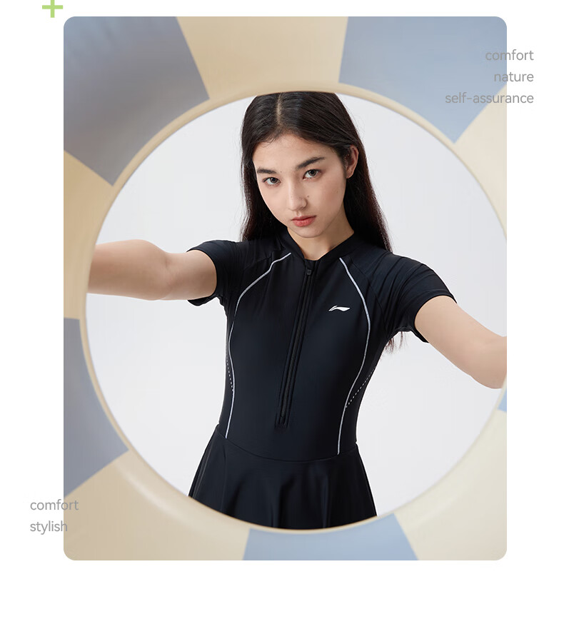 Li-Ning Women's Swimsuit, Sun Protection One-Piece Dress Swimwear, Conservative Plus Size, Tummy Control, Hot Spring Swimwear, 0631 Black XXL 5
