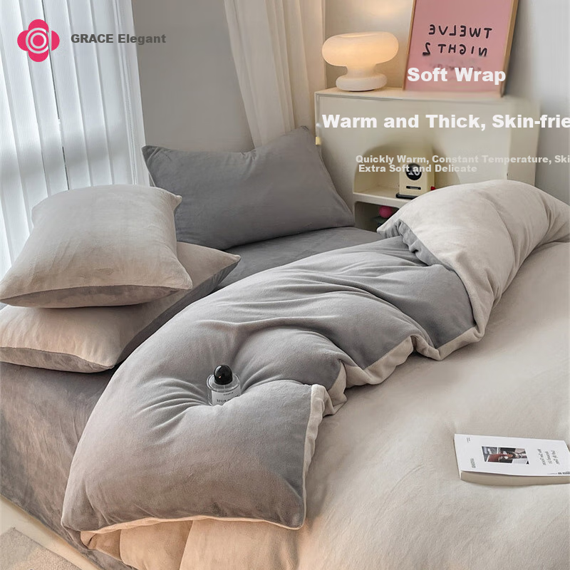 Grace Milk Velvet Three-Piece Set Student Dormitory Bedding, Bed Sheet And Duvet Cover 150*200cm - Vanilla Gray + Classic Gray