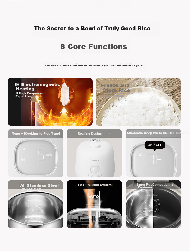 CUCHEN Dual Pressure Rice Cooker, Korean Imported, 0 Coating Stainless Steel Inner Pot, 3L Capacity for Home Use, 4-5 People, IH Heating Electric Rice Cooker And Electric Pressure Cooker, Replaceable Double Inner Pots, Smart Cooker 1