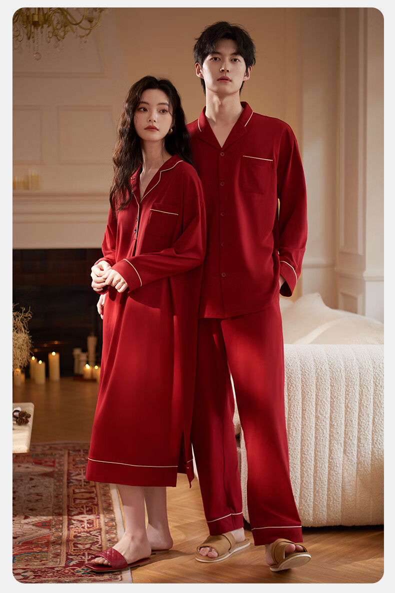 XULEN Modal Cotton Couples Red Nightgown and Robe Set for Wedding Year 63351 Jujube Red - Women M 13