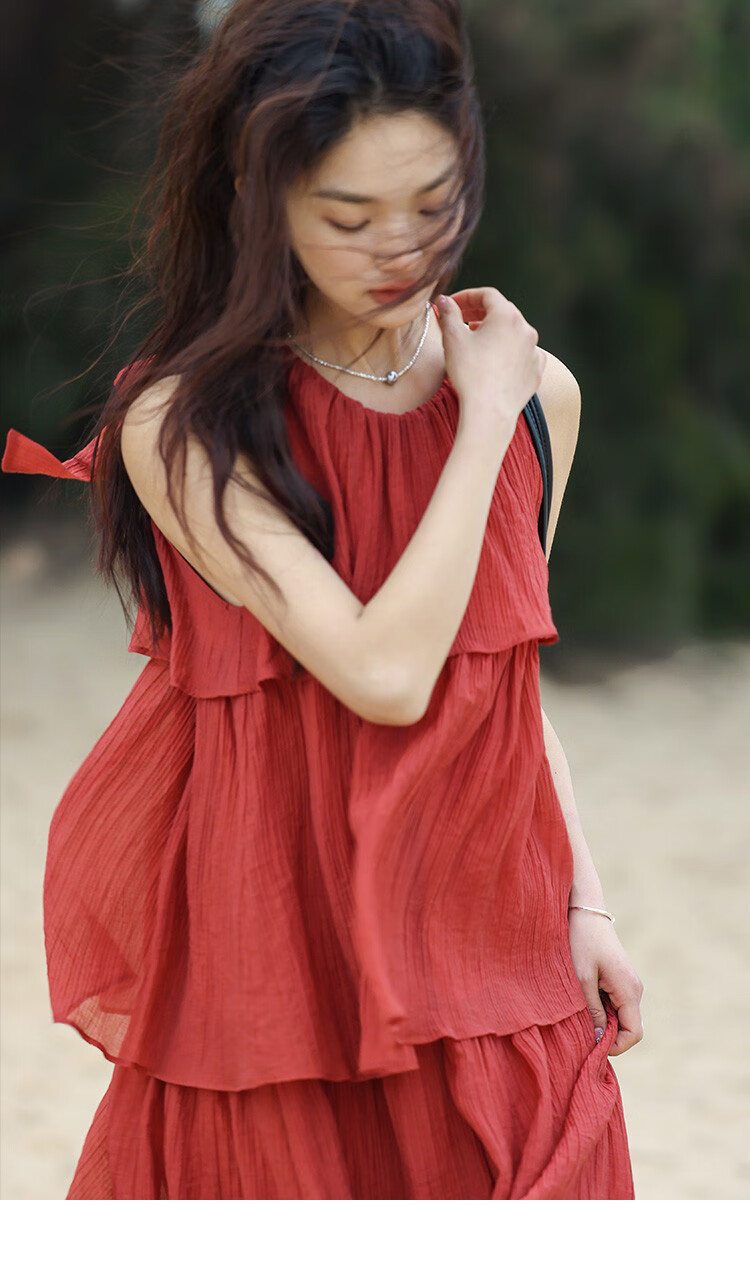 Dme [Heavy Workmanship Layered Spaghetti Strap Dress], Summer Vacation Style, Retro Brick Red, Elegant Cake Skirt 13