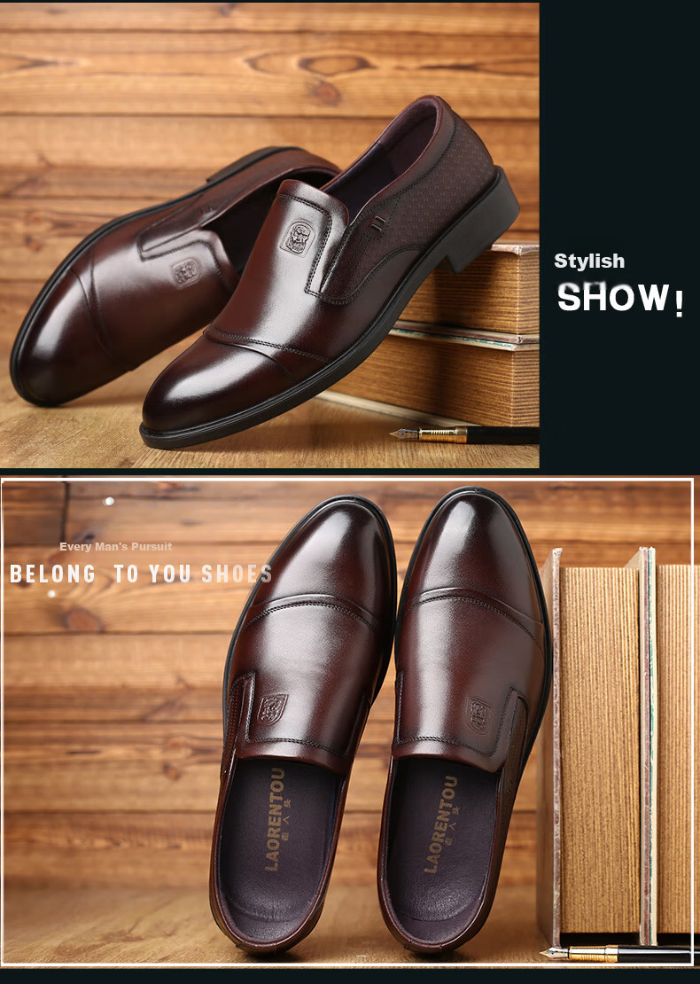 LAORENTOU Men's Leather Shoes, Business Formal Shoes, Top-Grain Cowhide Slip-Ons, Non-Slip Breathable Casual Shoes, A90205, Black, Size 39 14
