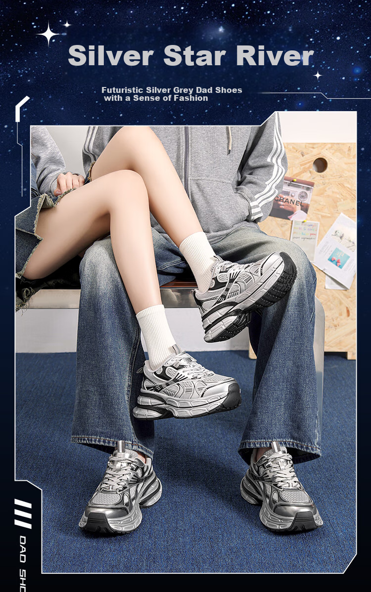 ZHR Silver Dad Shoes for Women, Trendy Sports Casual Couple Shoes, Thick-Soled Height-Increasing Women's Shoes, JT67 Silver, Size 38 1