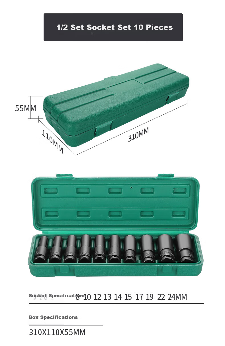 GREENER Electric Wrench Socket Set, Hexagonal Extended Impact Wrench Socket Heads, Household Use, 8-24mm Sockets, 10-Piece Set 17