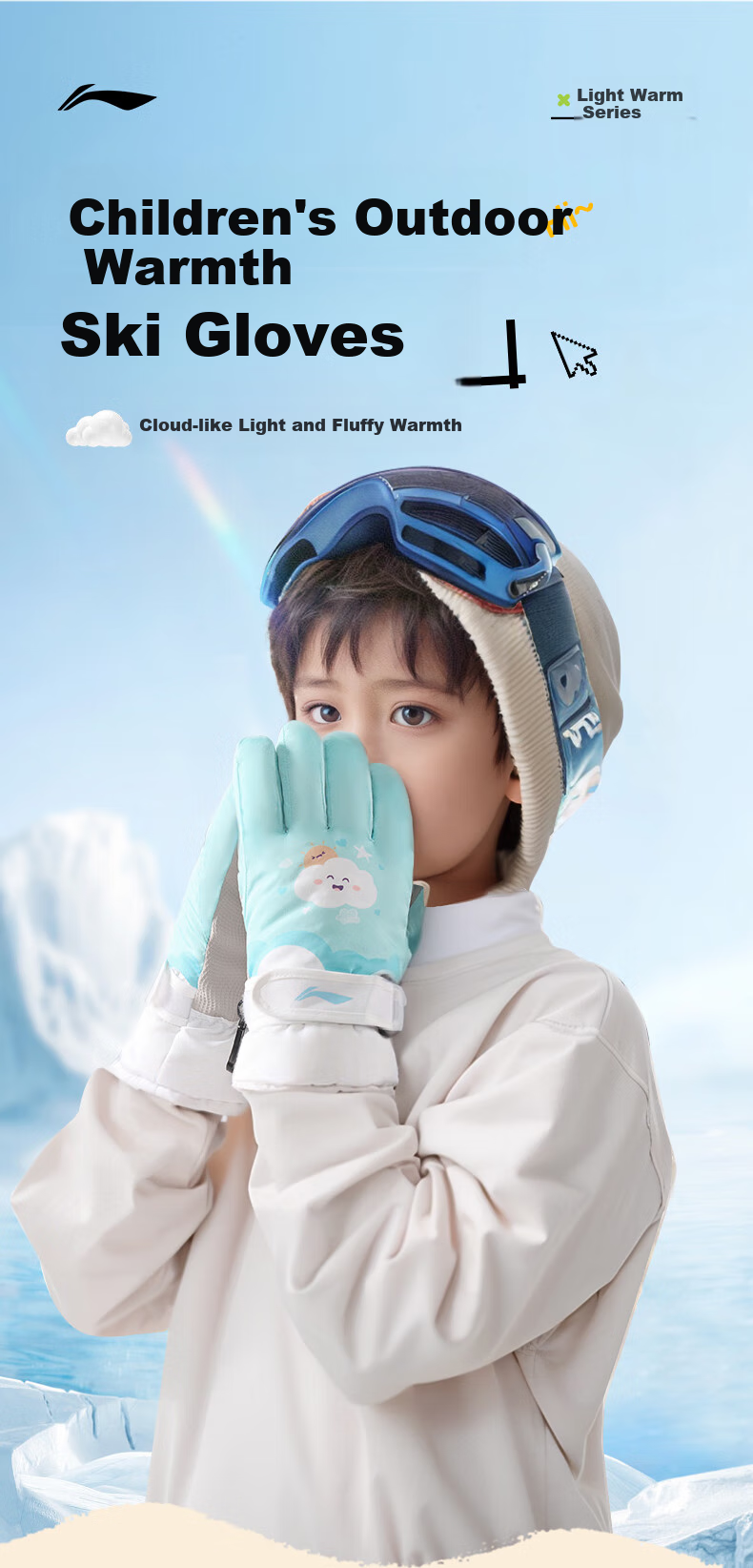 Li-Ning Children's Gloves, Warm, for Skiing, Winter, Boys And Girls, Waterproof, Windproof, Thickened, for Cycling, Cartoon Design, Ages 7-12 1