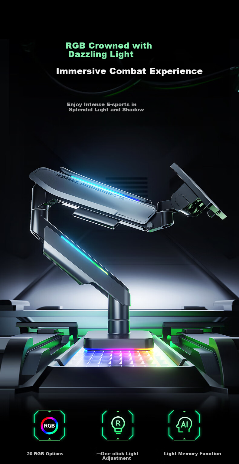 HUMANEX Monitor Stand, Computer Display Stand, Gaming RGB Mechanical Arm, Desktop Riser, Heavy-Duty Load Capacity of 18KG, Suitable for 17-45 Inch Screens, Dark Angel T18-1H 6