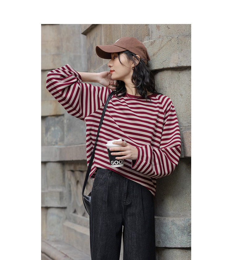 Dme [Urban Parallel Lines] Spring Retro Color-Block Striped Crew Neck Top, Loose-Fitting, Flattering, Comfortable, Versatile Women's Sweatshirt 5
