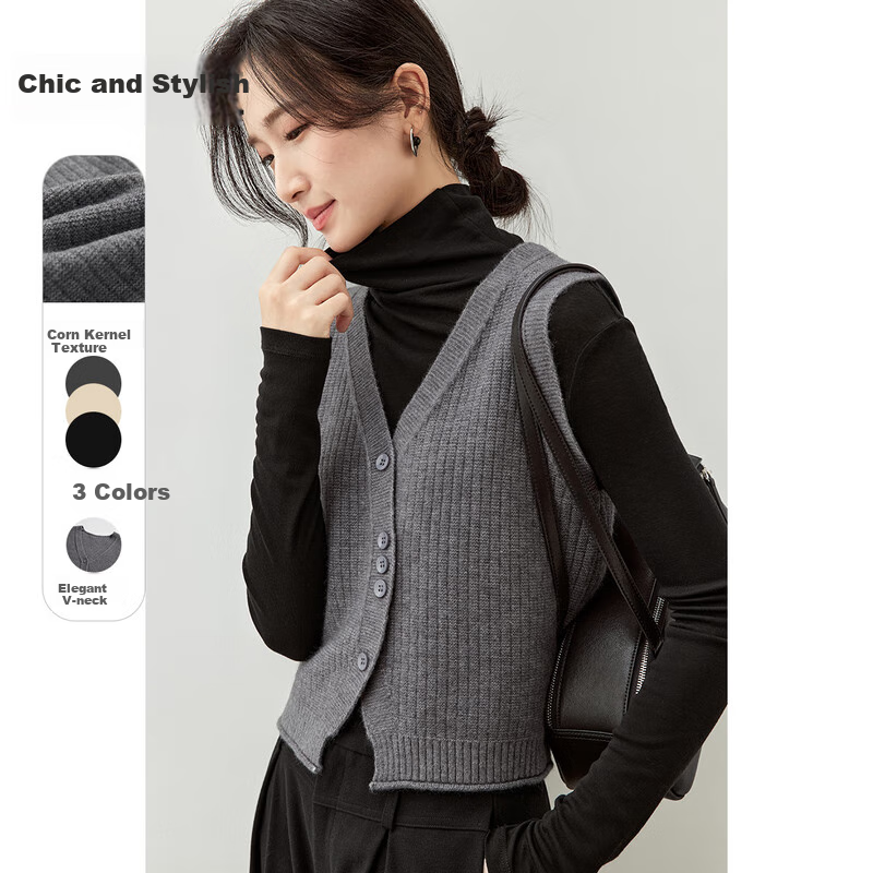 Sentubila Autumn Layered Vest, V-Neck Curved Placket, Single-Breasted Short Sleeveless Waistcoat