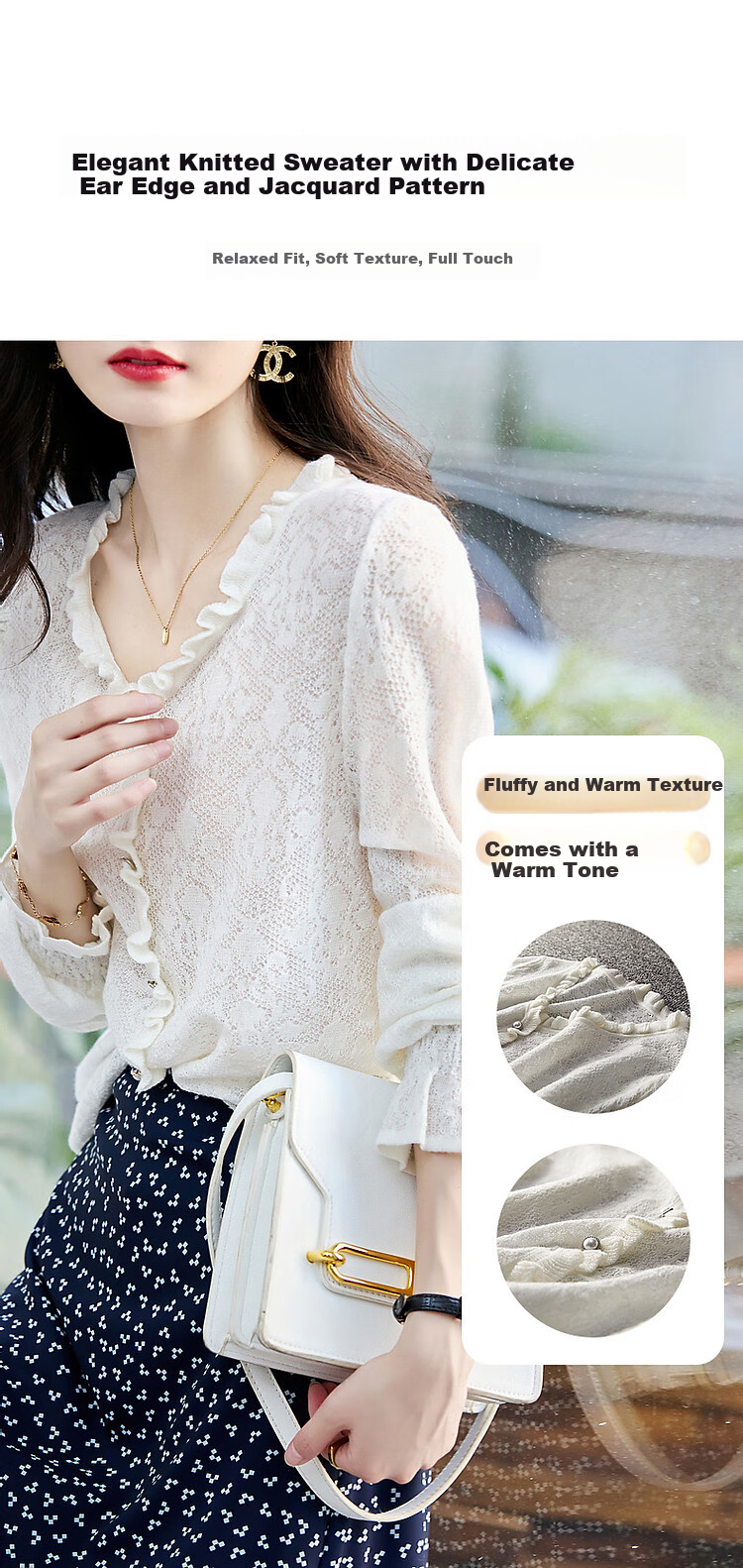 Dme [Containing Wool] Autumn V-Neck Ruffle Jacquard Pullover Sweater Women's Top 2