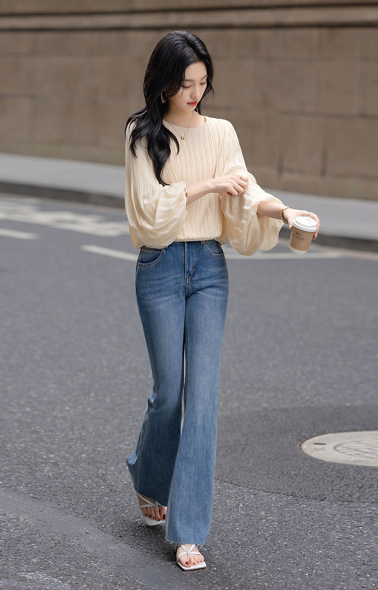 Dme [Gentle Daily] Spring Cream-Colored Textured Chiffon Blouse with Lantern Sleeves, Ladylike Shirt Women's Top 9