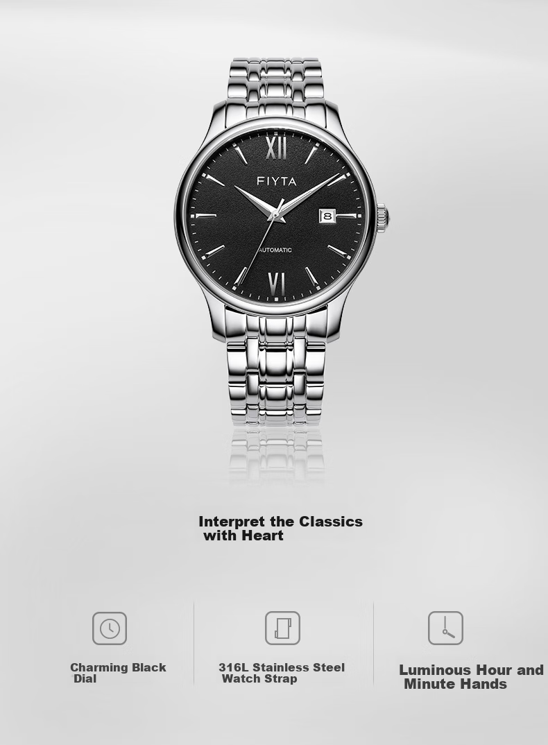 FIYTA Men's Watch, Classic Series Automatic Mechanical with Date Display, Black Dial, Steel Strap, Elegant Business Wristwatch, Holiday Gift 2