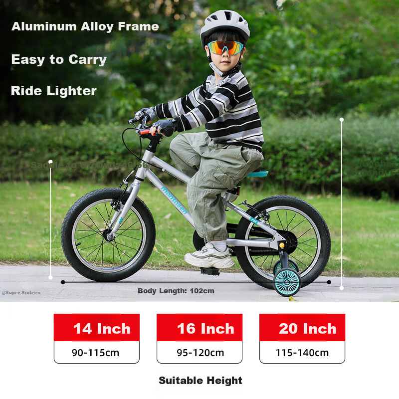 Mengdasheng F01 Children's Bicycle, Aluminum Alloy Ultra-Light Mountain Bike, Fun Ride for Ages 3-6 with Training Wheels And Pedals, 14-Inch Silver