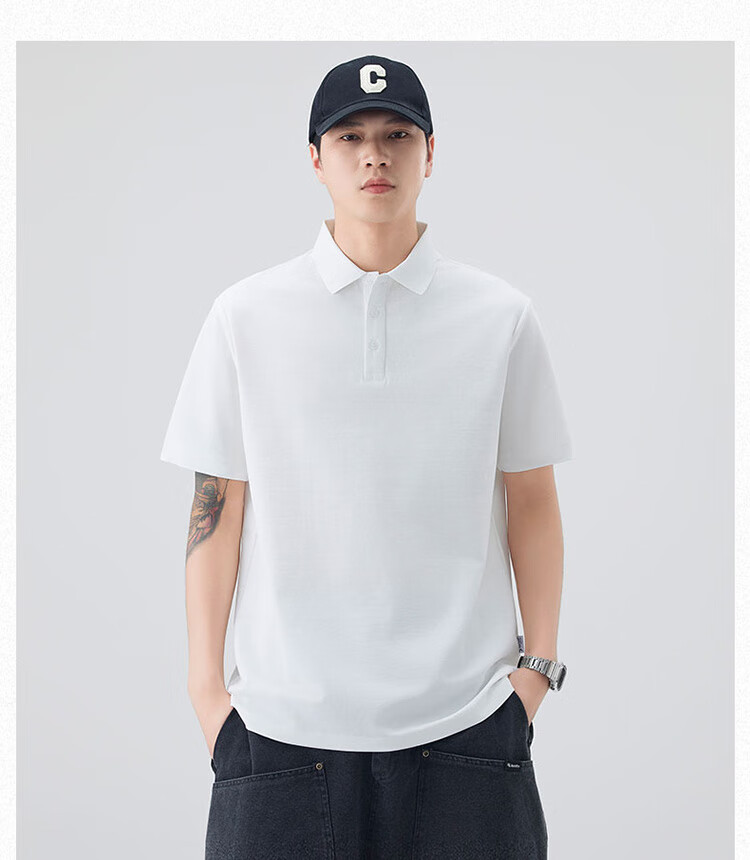 Dingfengbaoluo American Heavyweight Polo Shirt for Men, Spring And Summer Collared Comfortable Breathable Short-Sleeve T-Shirt QZ20 White 4XL 5