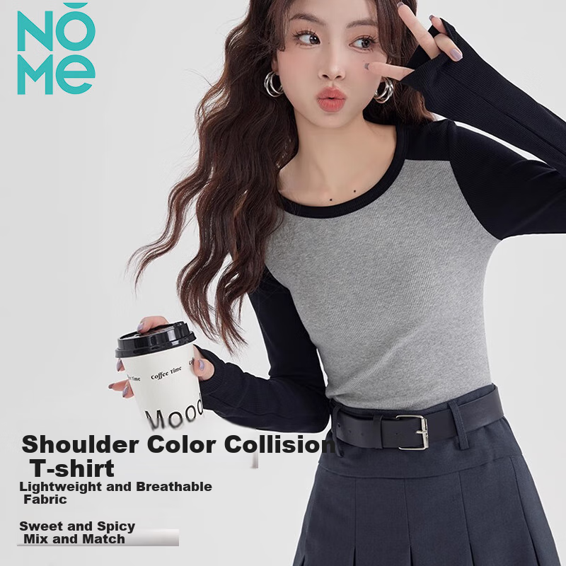 NOME Color Block Spliced Long Sleeve T-Shirt for Women, Autumn New Style Design Inner Layer Raglan Sleeve Top, Gray, L